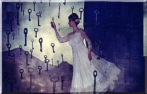 Woman surrounded by keys.