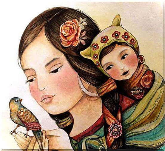 Mother, daughter and bird