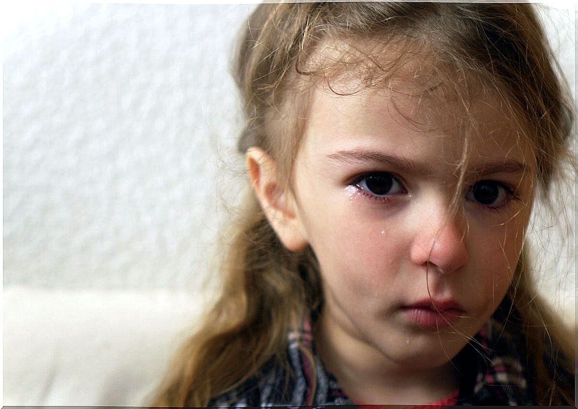 Sad girl crying shows anxiety symptoms in children.