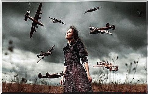 Woman surrounded by airplane.