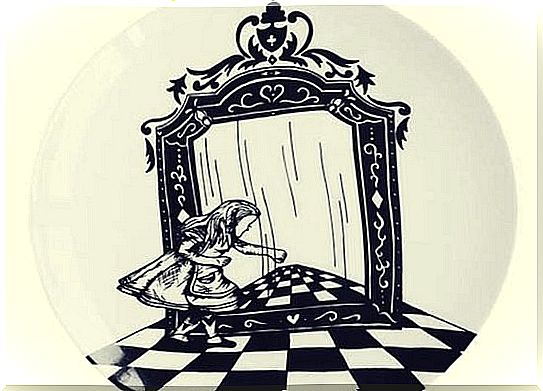 Alice standing next to mirror.