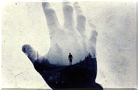 Transparent hand with man.